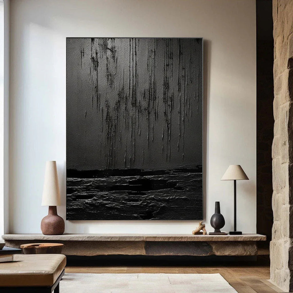 Midnight Echoes-Hand Drawn Pure Black Drip Texture Wall Art