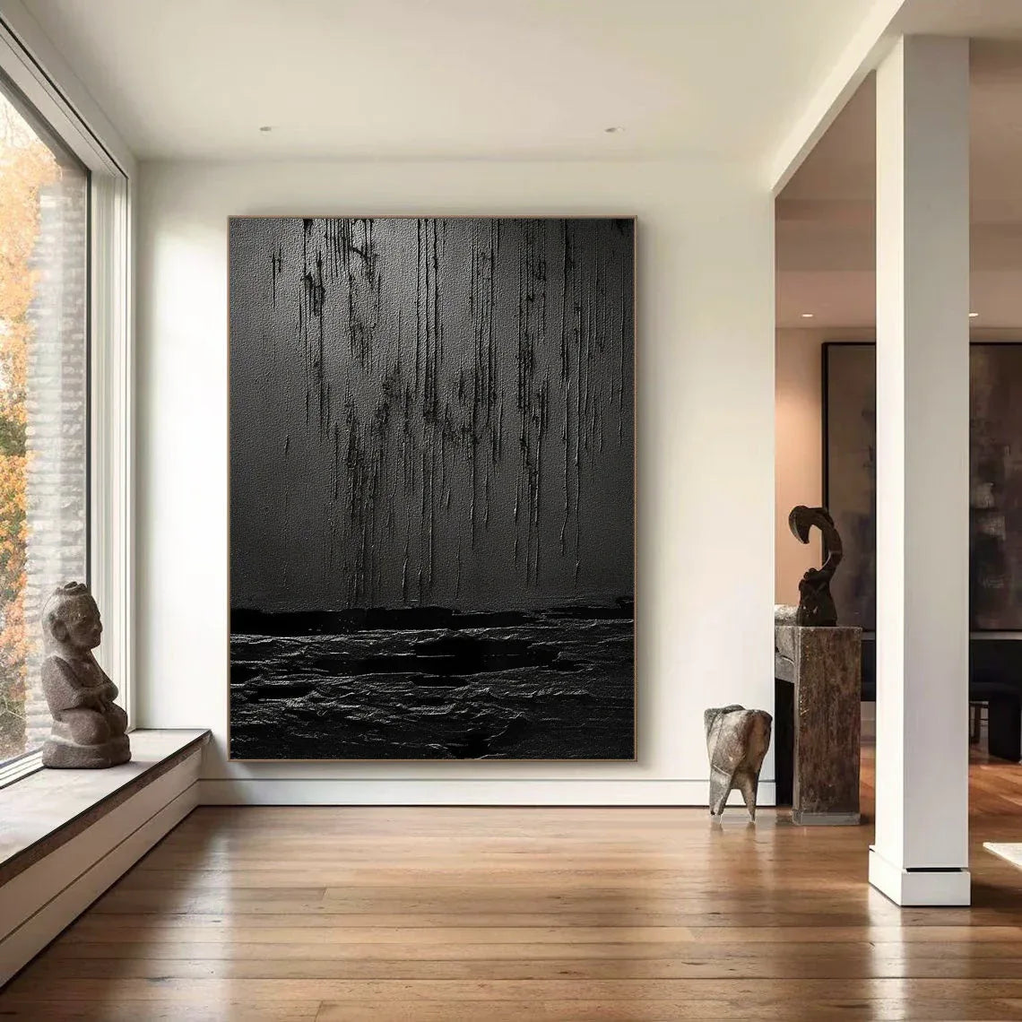 Midnight Echoes-Hand Drawn Pure Black Drip Texture Wall Art