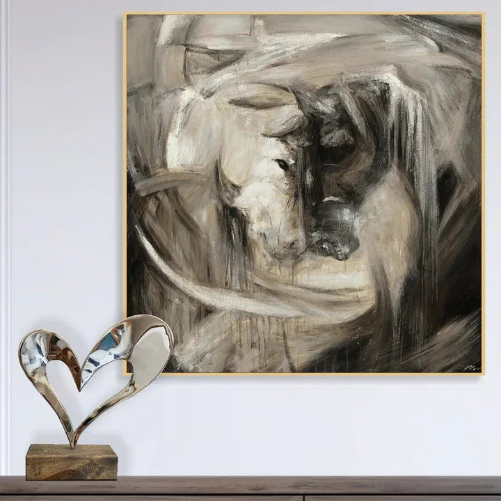 Confrontation-Hand-Painted Abstract Oil Painting Featuring a Spiritual Duel Between Two Horses, Showcasing Wall Art