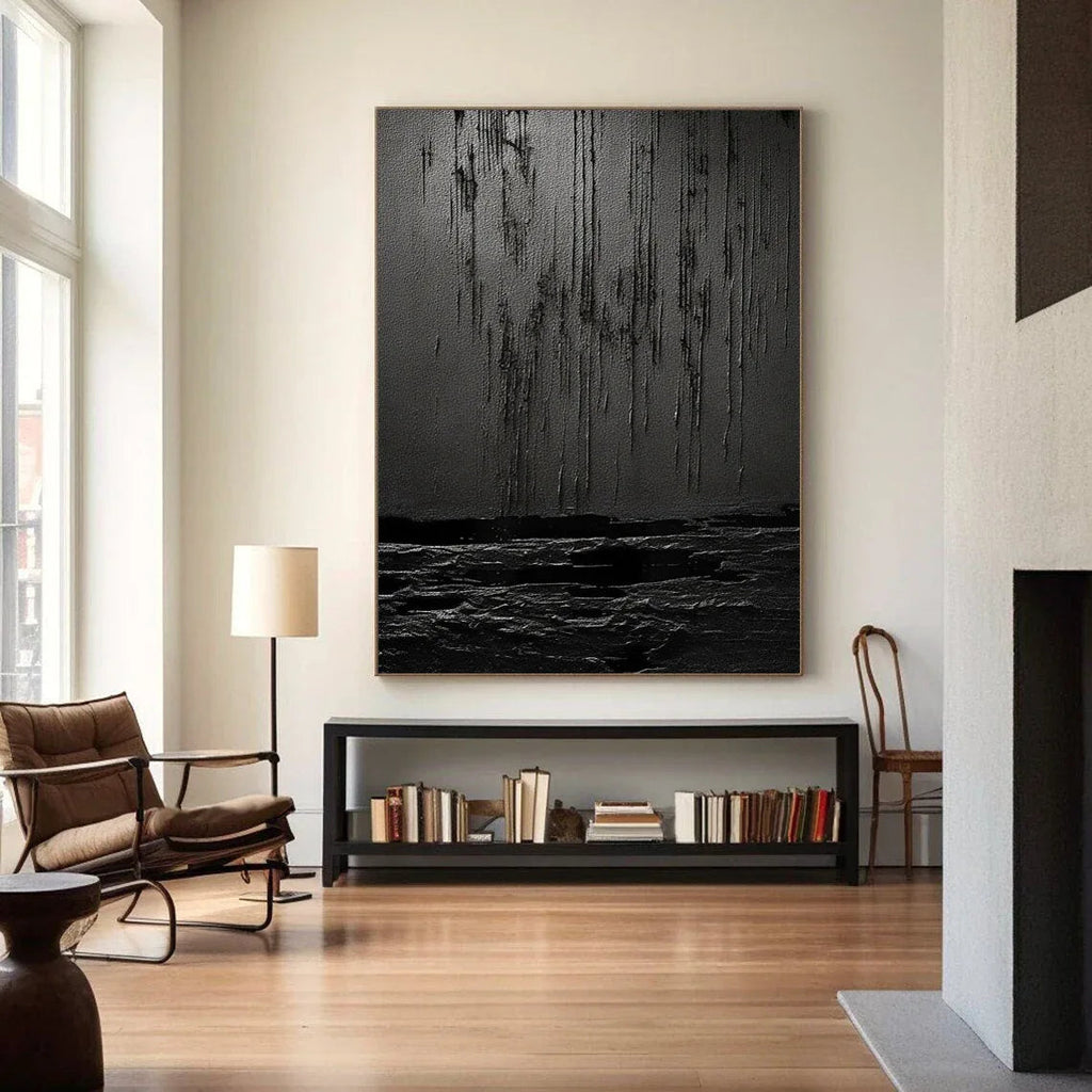 Midnight Echoes-Hand Drawn Pure Black Drip Texture Wall Art