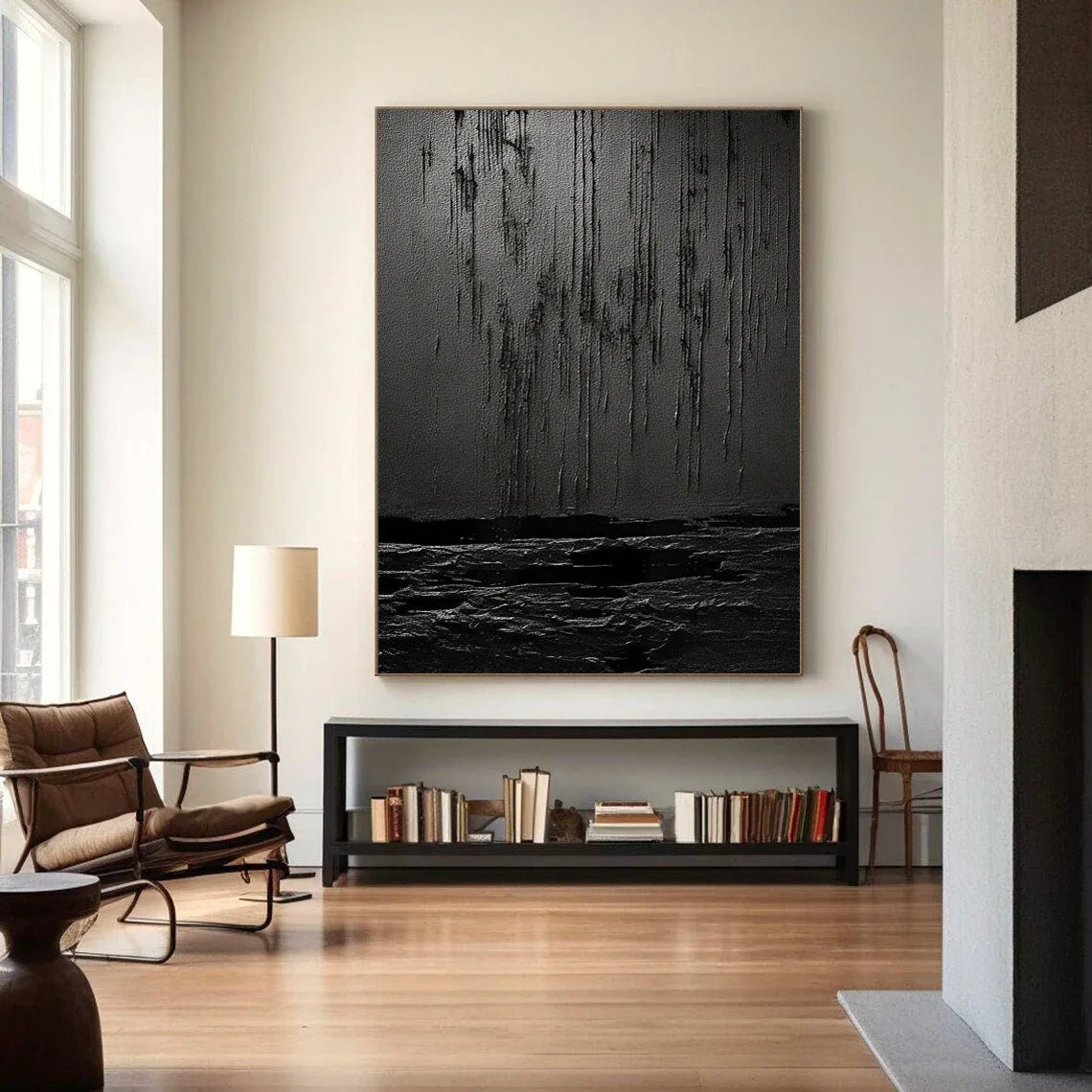 Midnight Echoes-Hand Drawn Pure Black Drip Texture Wall Art
