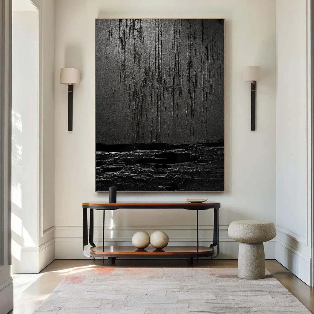 Midnight Echoes-Hand Drawn Pure Black Drip Texture Wall Art