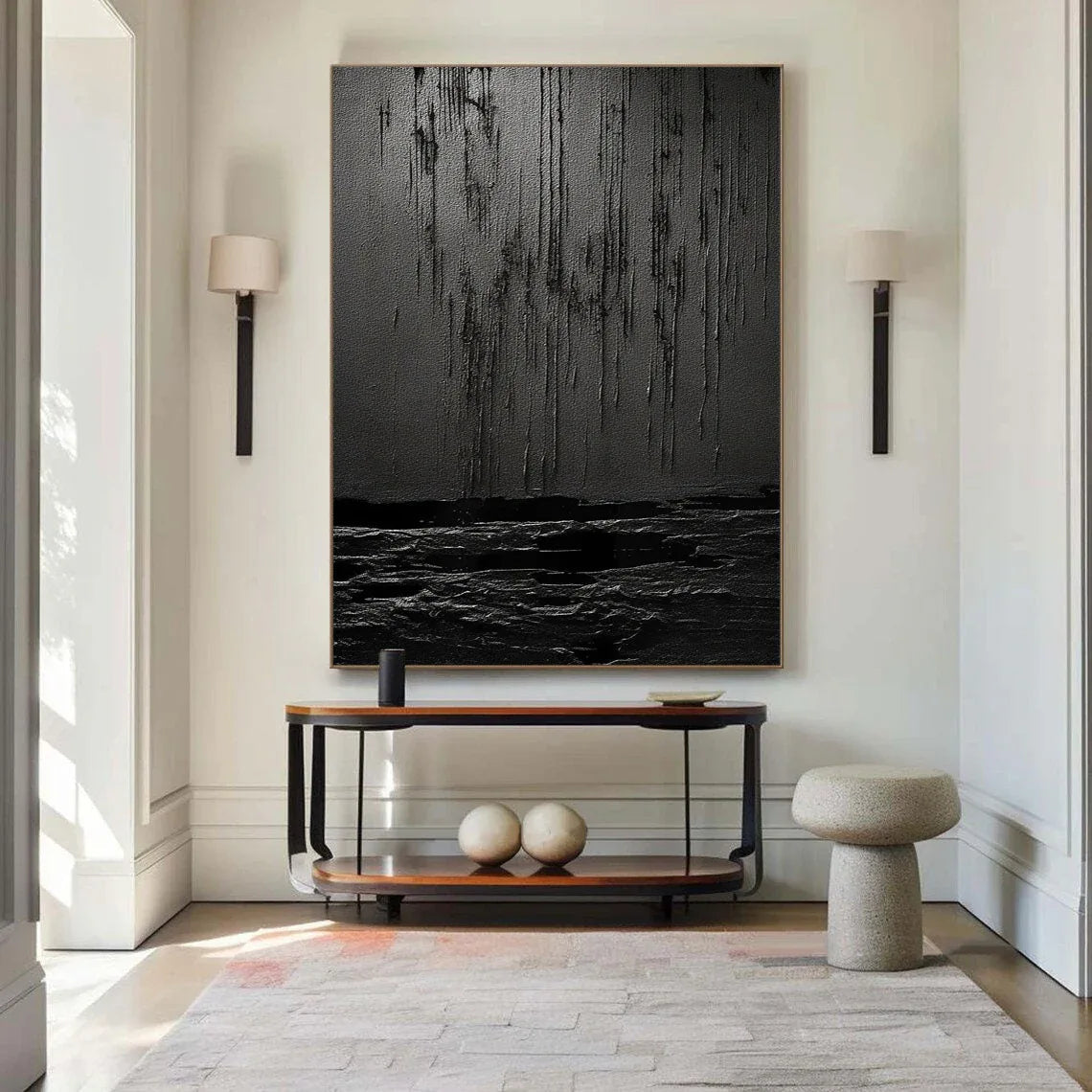 Midnight Echoes-Hand Drawn Pure Black Drip Texture Wall Art