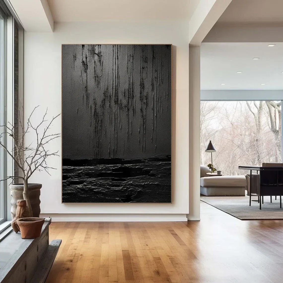 Midnight Echoes-Hand Drawn Pure Black Drip Texture Wall Art