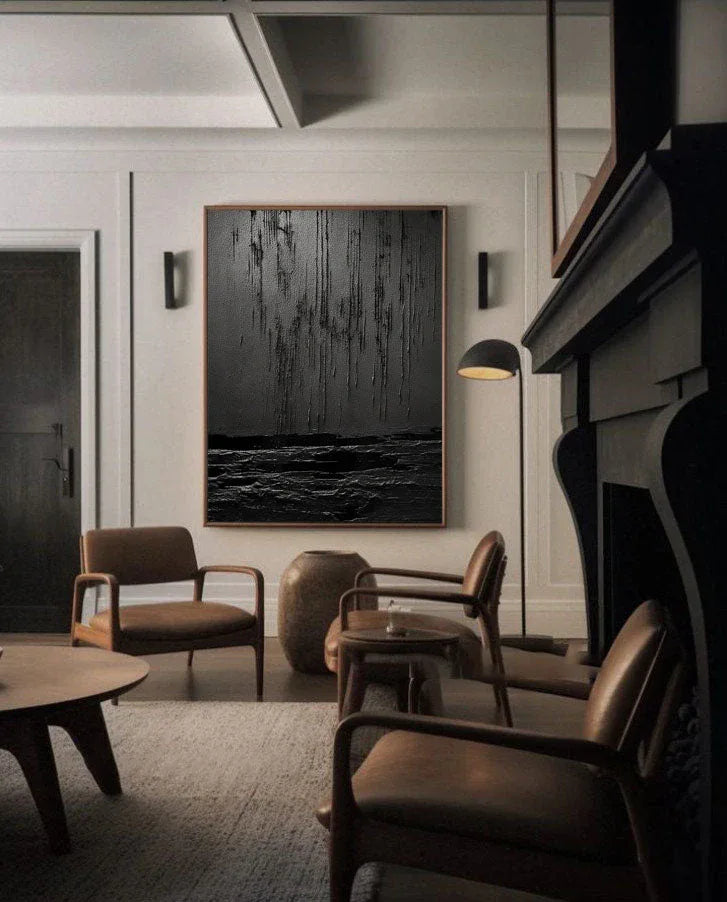 Midnight Echoes-Hand Drawn Pure Black Drip Texture Wall Art