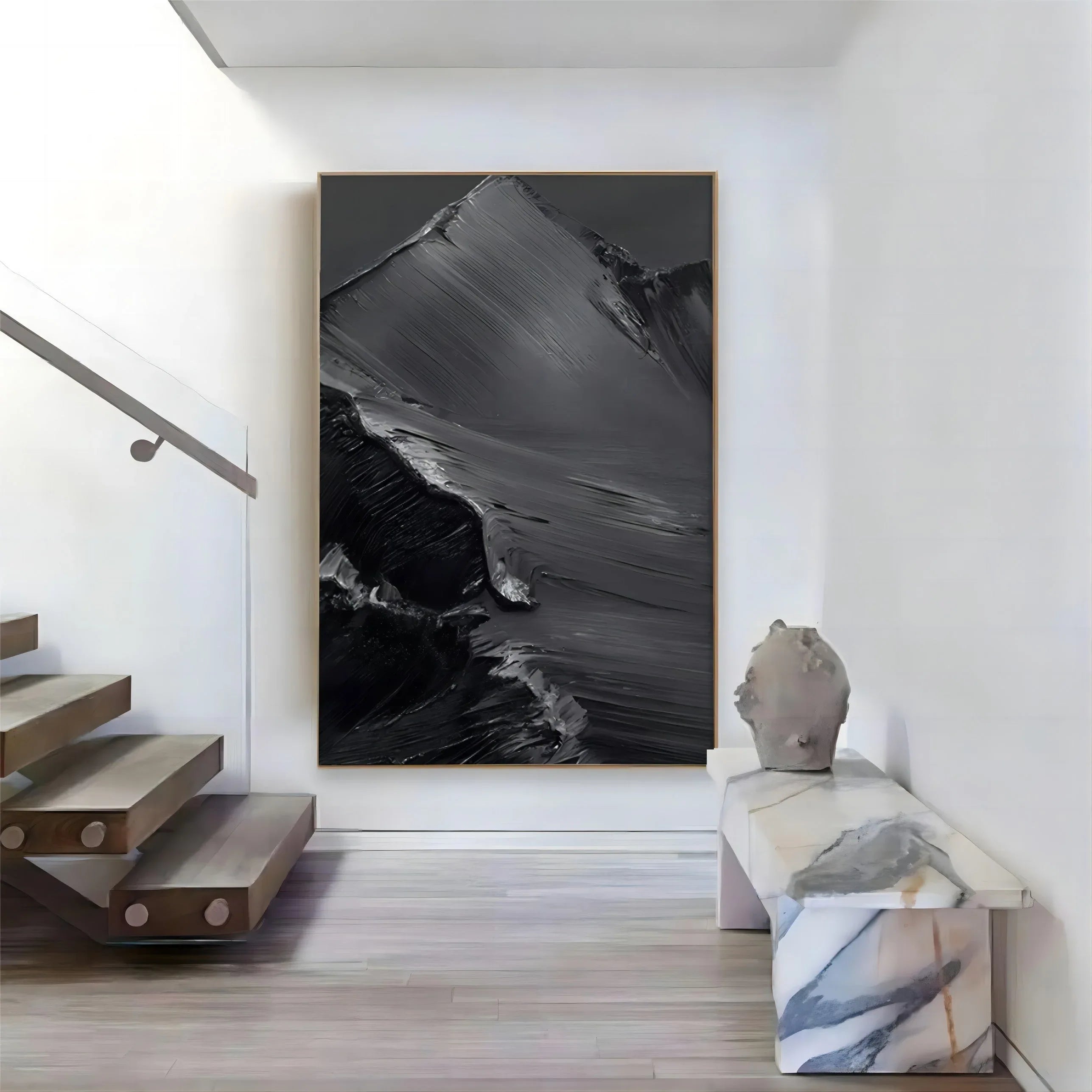 Midnight Peaks Vertical Art-Minimalist Oil Painting Wall Art with Mountain Scenery Texture