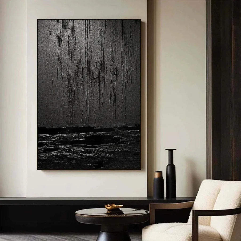 Midnight Echoes-Hand Drawn Pure Black Drip Texture Wall Art