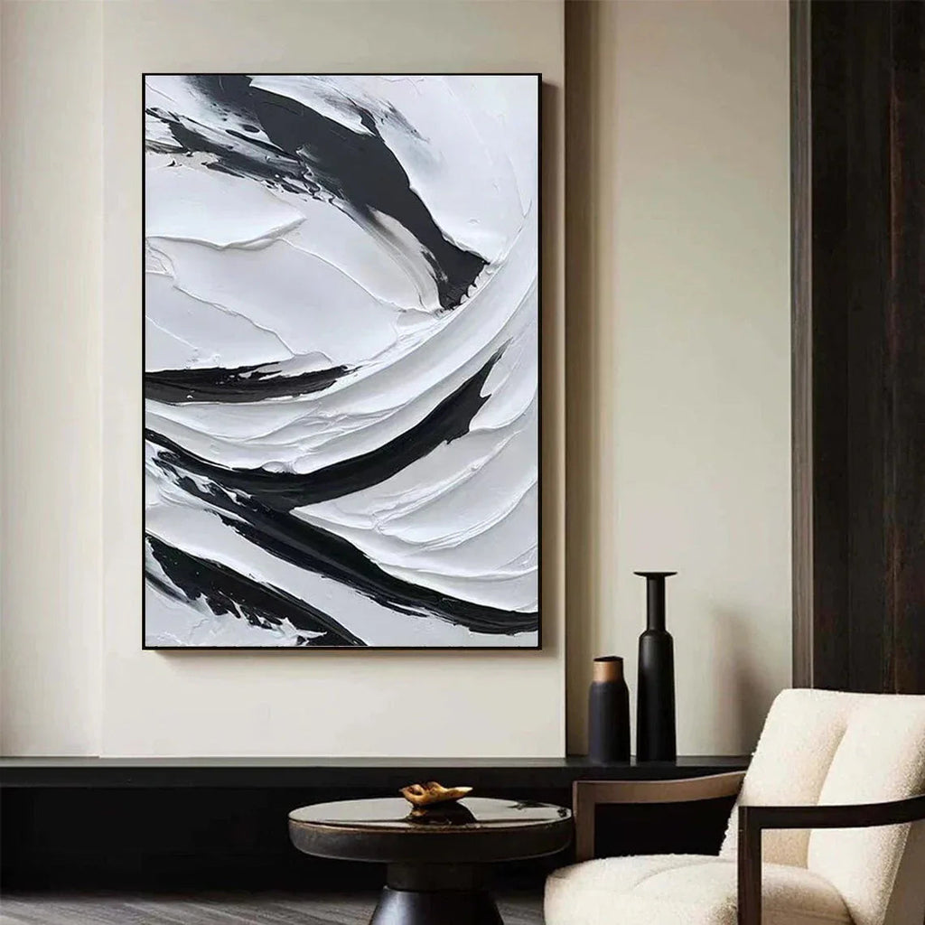 Dynamic Flow-Modern Minimalist Black and White Texture Thick Painted Abstract Wall Art