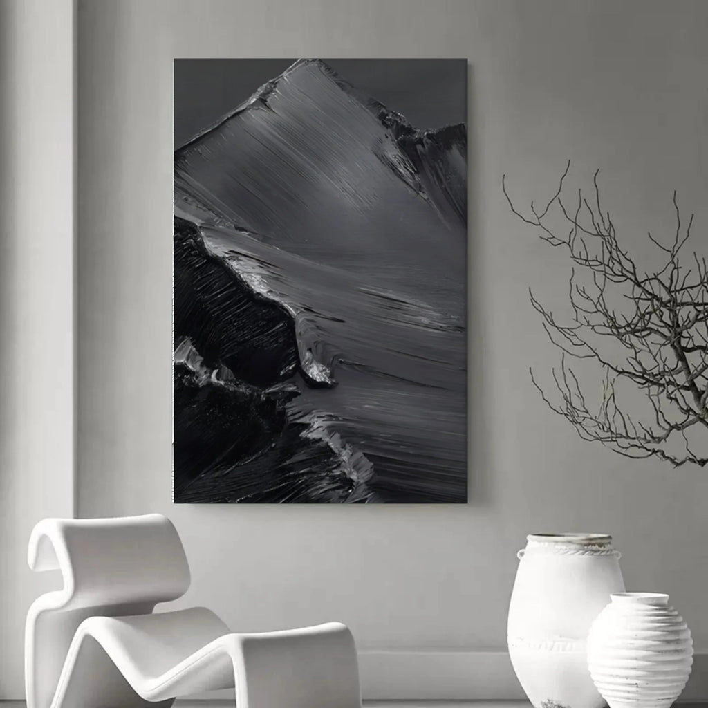 Midnight Peaks Vertical Art-Minimalist Oil Painting Wall Art with Mountain Scenery Texture