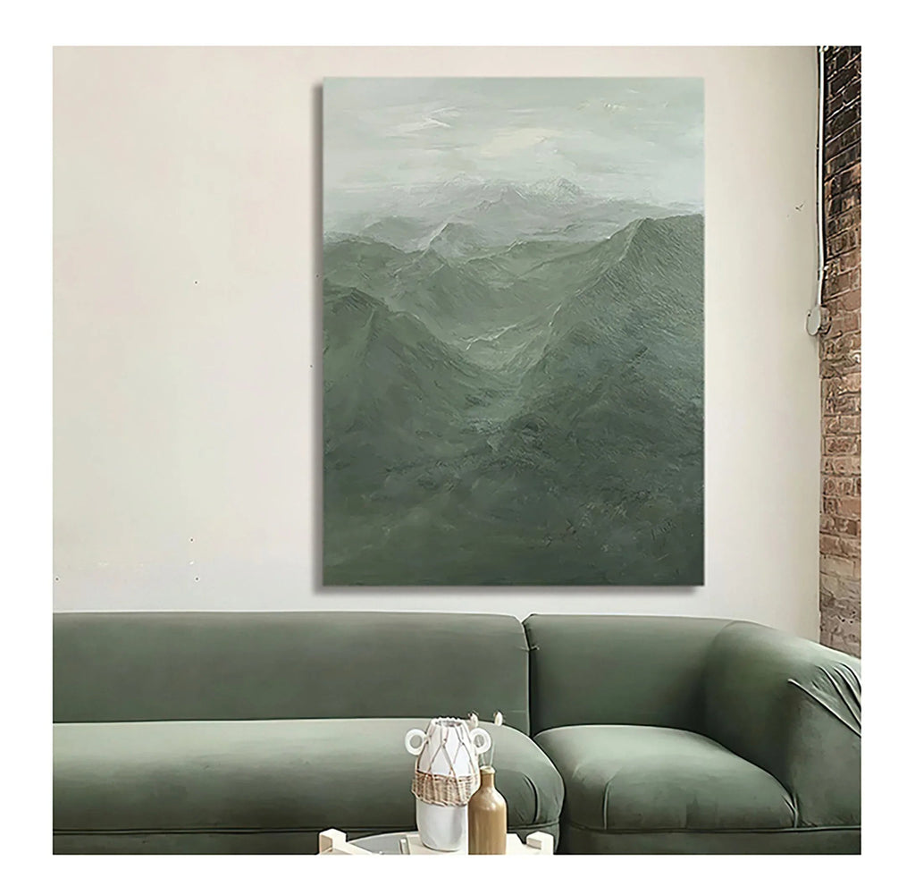 Misty Green Mountain Abstract Oil Painting - Tranquil Wall Art