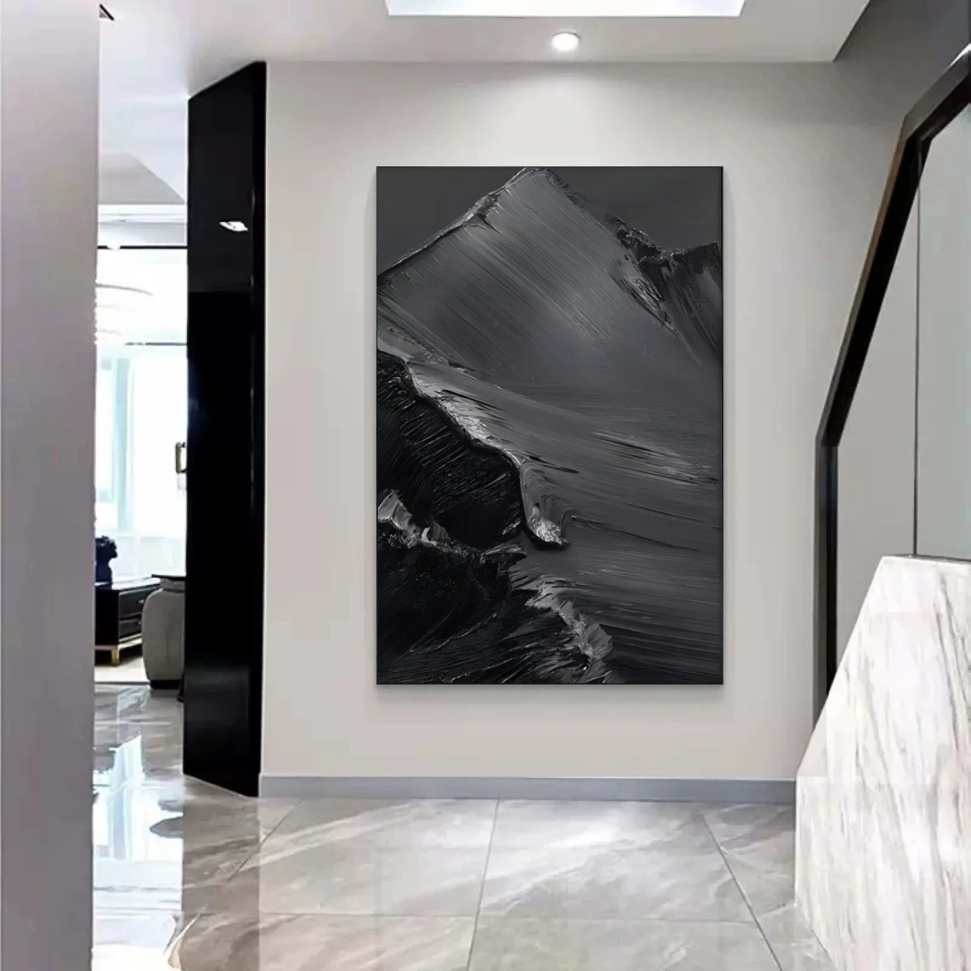 Midnight Peaks Vertical Art-Minimalist Oil Painting Wall Art with Mountain Scenery Texture