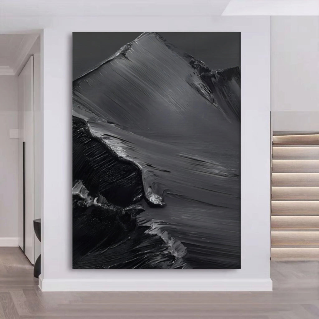 Midnight Peaks Vertical Art-Minimalist Oil Painting Wall Art with Mountain Scenery Texture