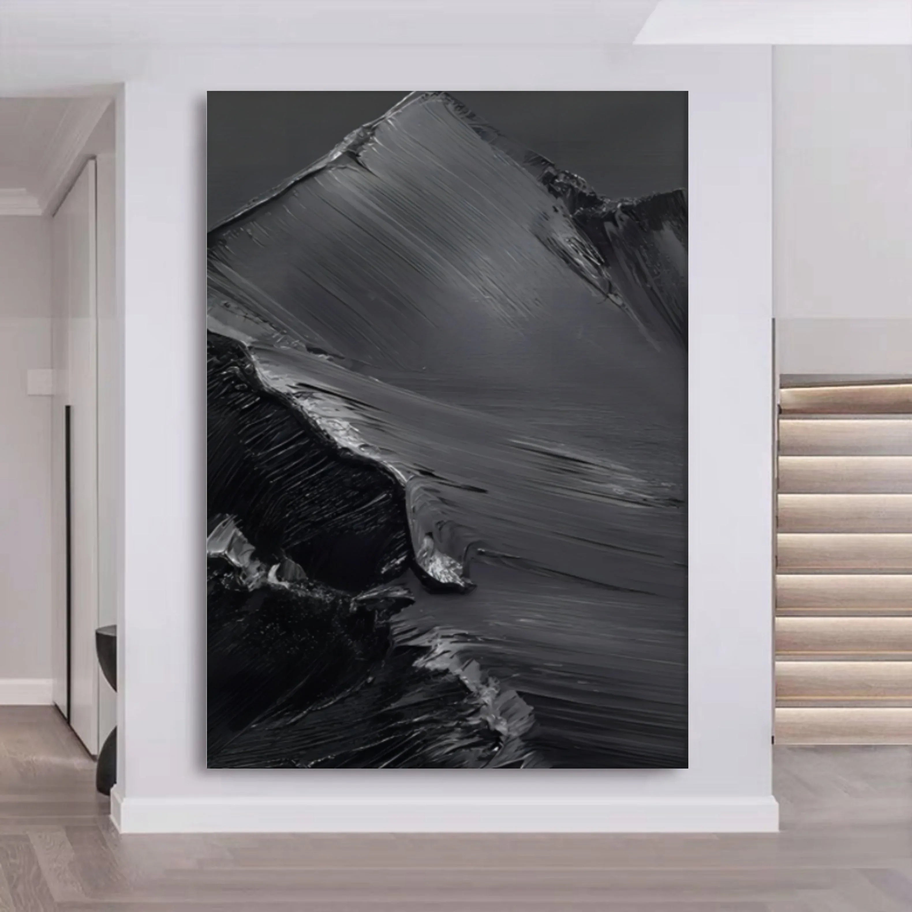 Midnight Peaks Vertical Art-Minimalist Oil Painting Wall Art with Mountain Scenery Texture