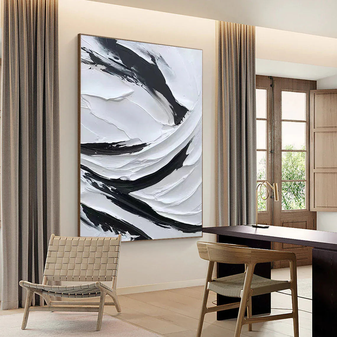 Dynamic Flow-Modern Minimalist Black and White Texture Thick Painted Abstract Wall Art
