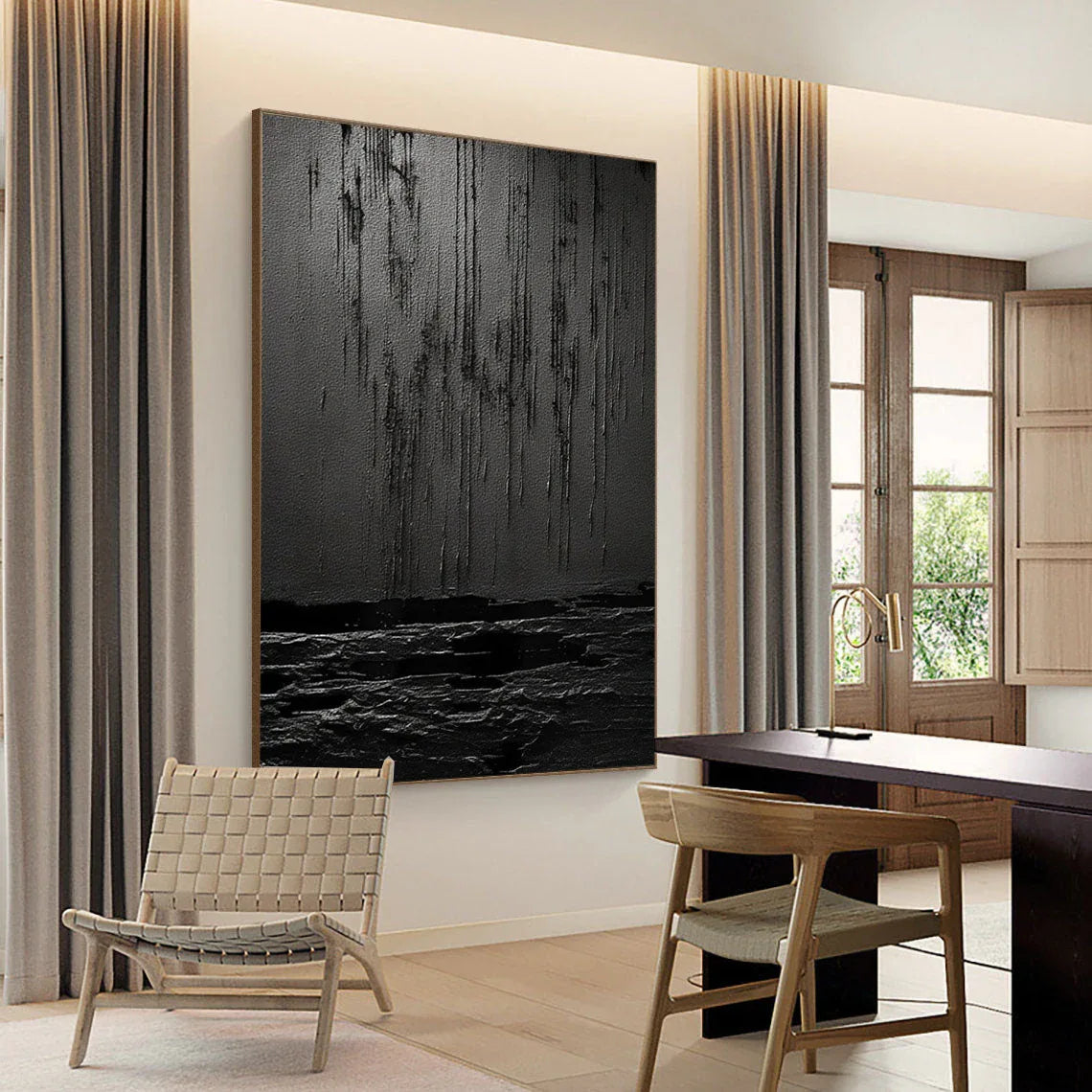 Midnight Echoes-Hand Drawn Pure Black Drip Texture Wall Art