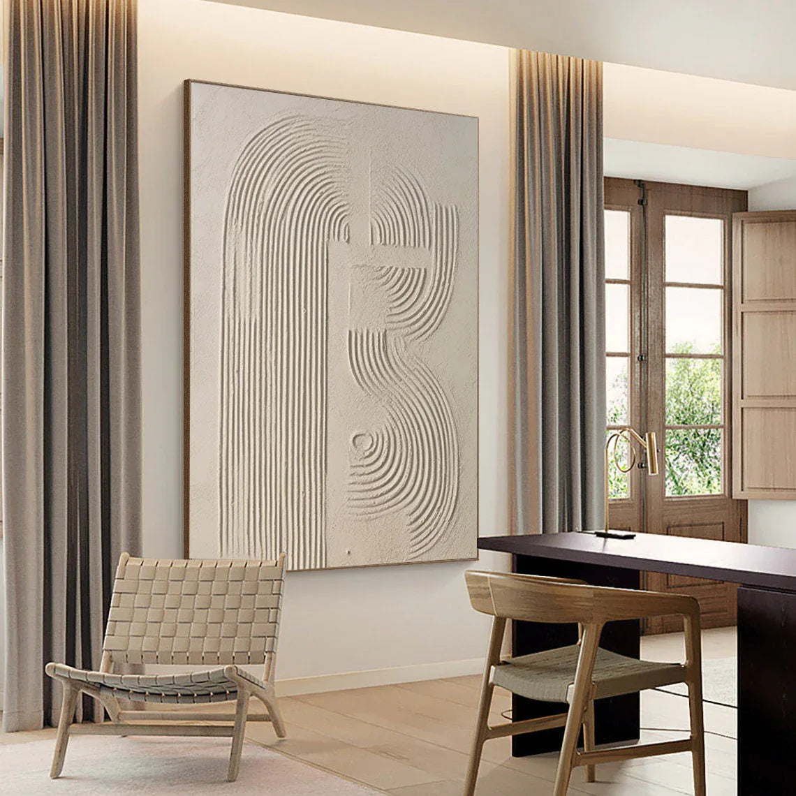 Linear Harmony in Sandstone-Modern Minimalist Three-Dimensional Shallow Meter Curve Abstract Wall Art