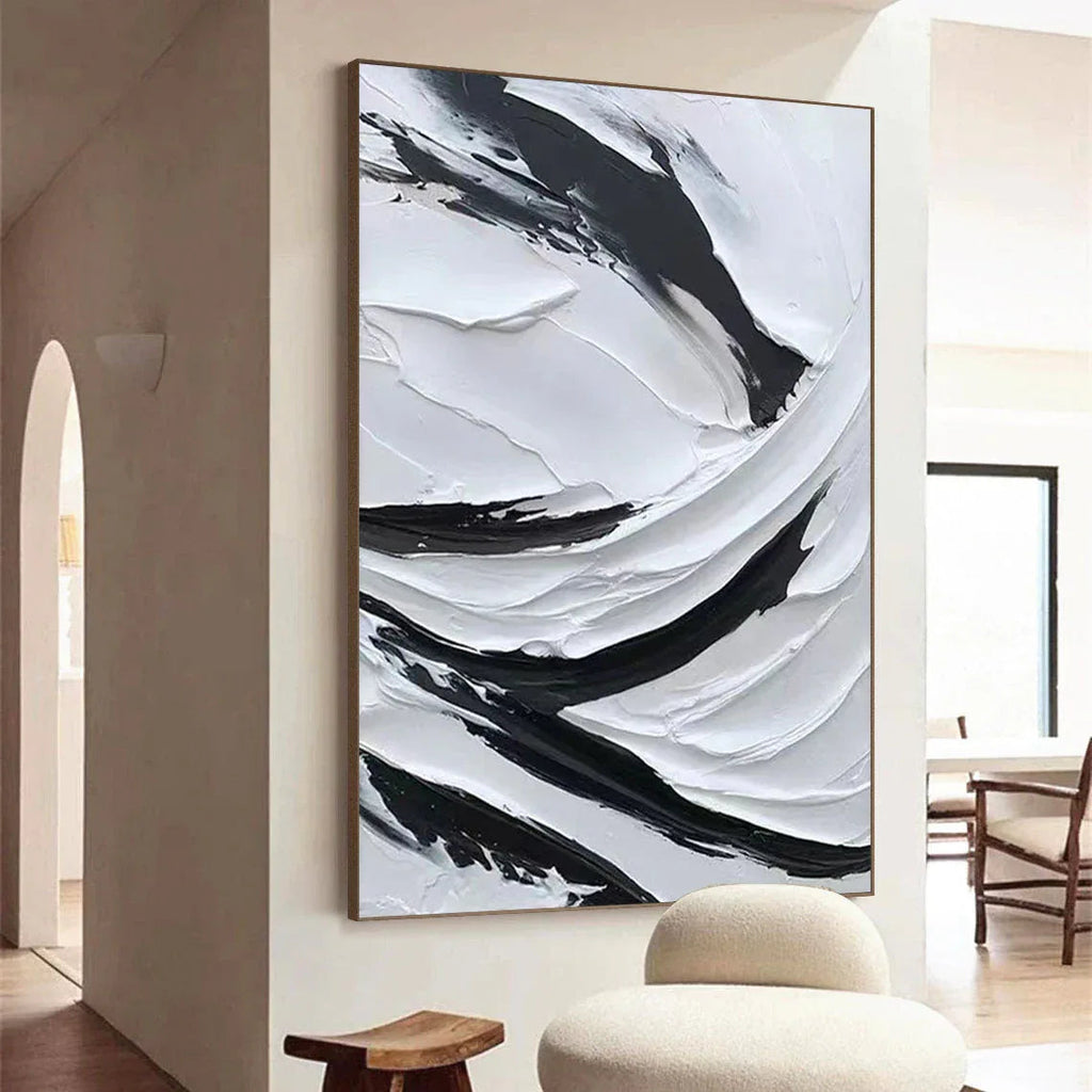 Dynamic Flow-Modern Minimalist Black and White Texture Thick Painted Abstract Wall Art