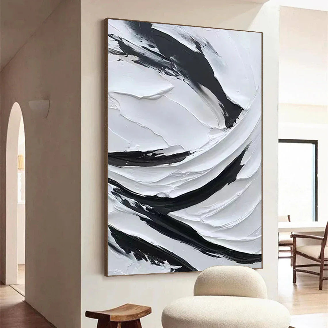 Dynamic Flow-Modern Minimalist Black and White Texture Thick Painted Abstract Wall Art