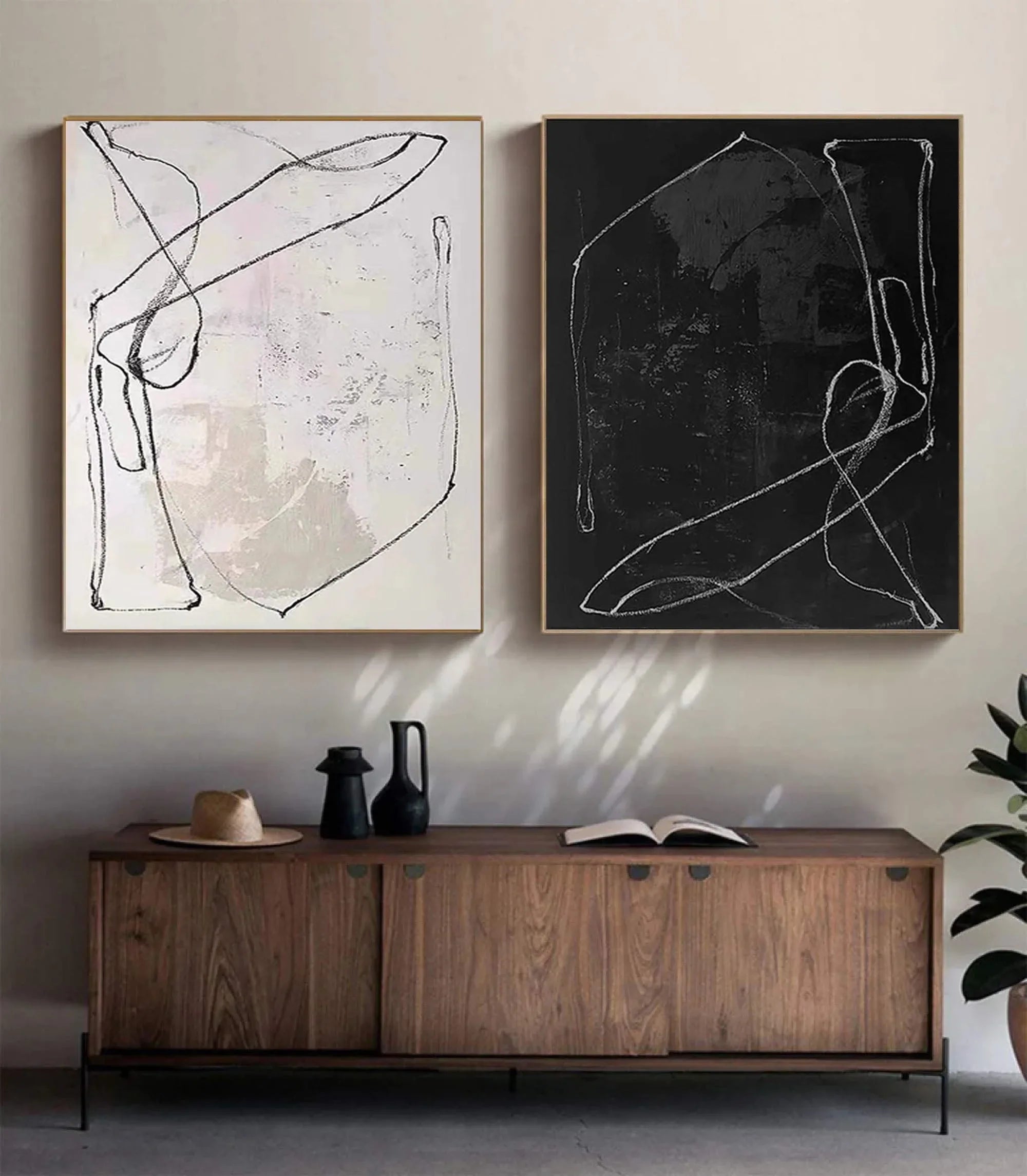 Monochrome Rhythm-Abstract Line Canvas Duo  SET OF 2