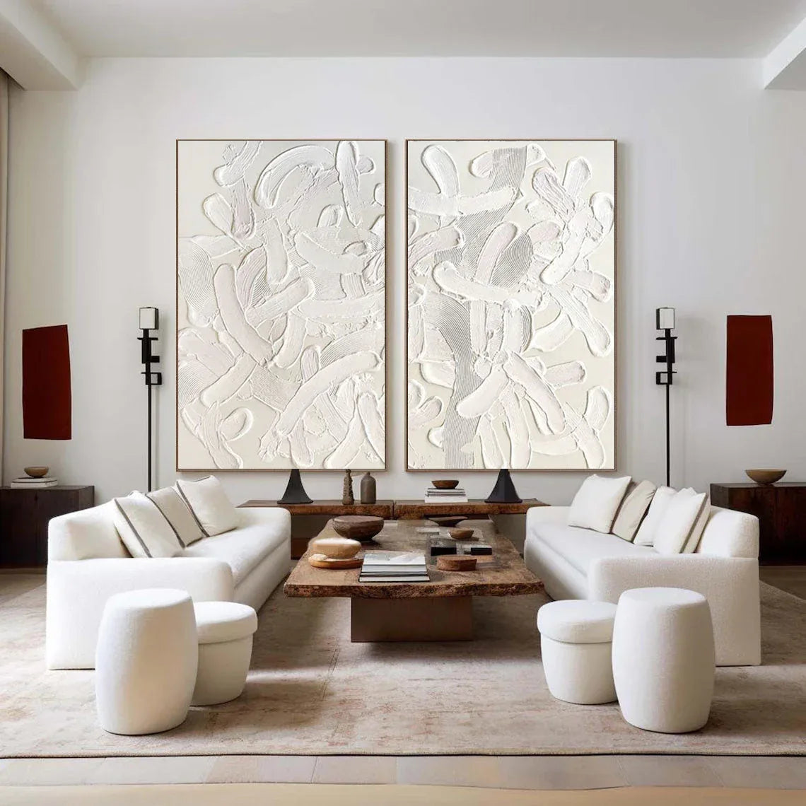 Abstract Tranquility Painting SET OF 2 -Hand-Painted White Tone Thickly Applied Texture Wabi-Sabi Style Wall Art