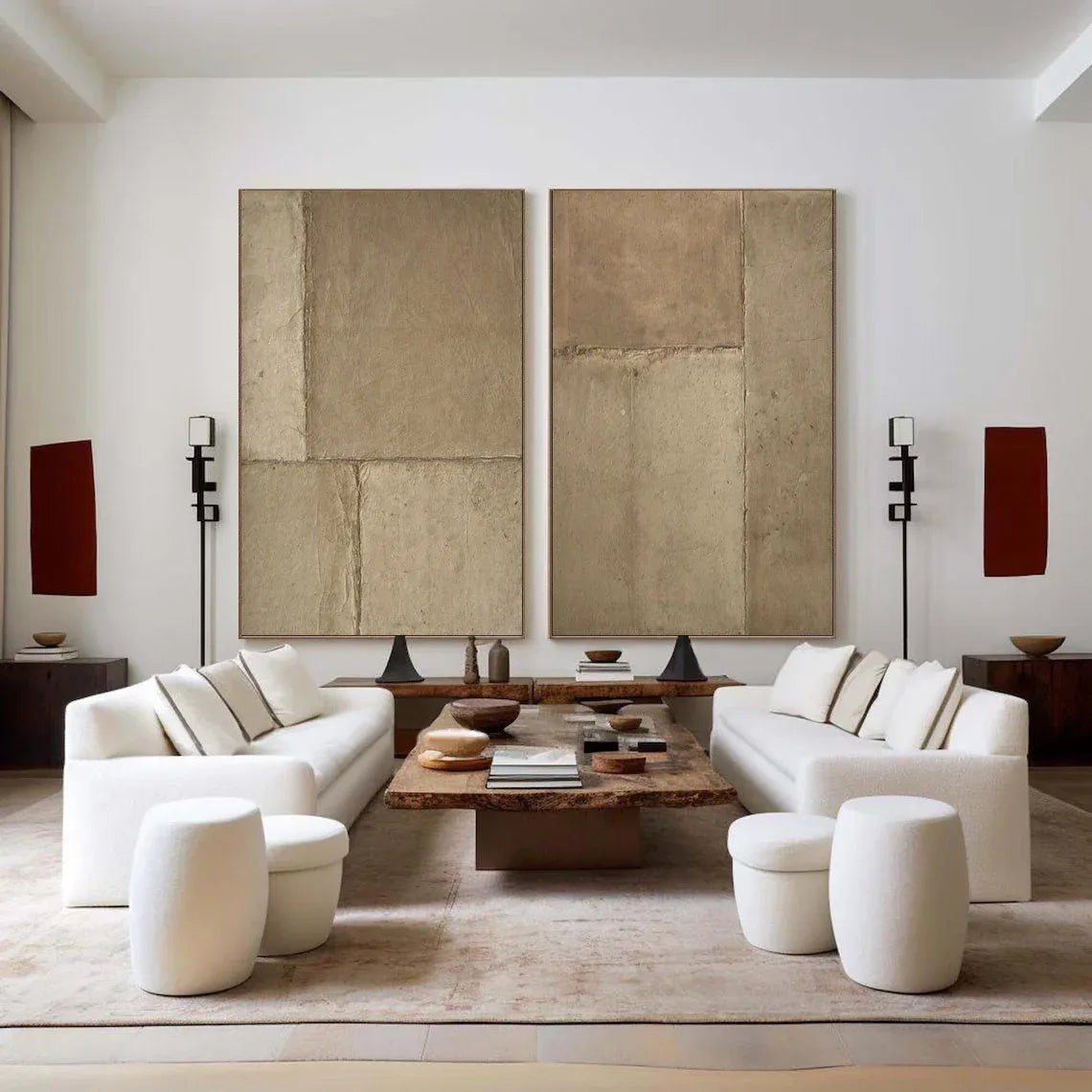 Rustic Harmony-Modern Hand Painted Geometric Light Brown Diptych Abstract Wall Art
