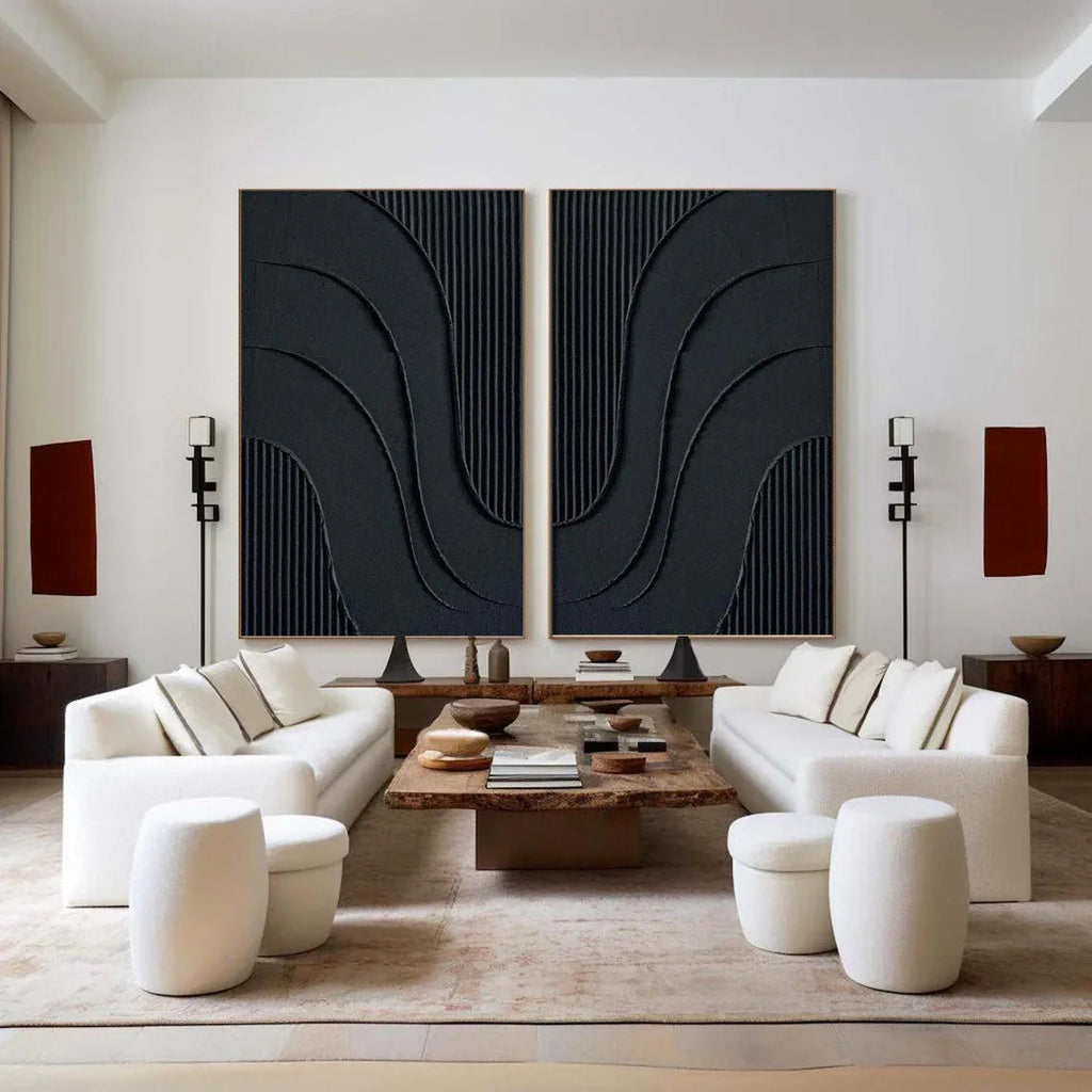 Midnight Flow- Abstract Black Textured Canvas Duo Set of 2
