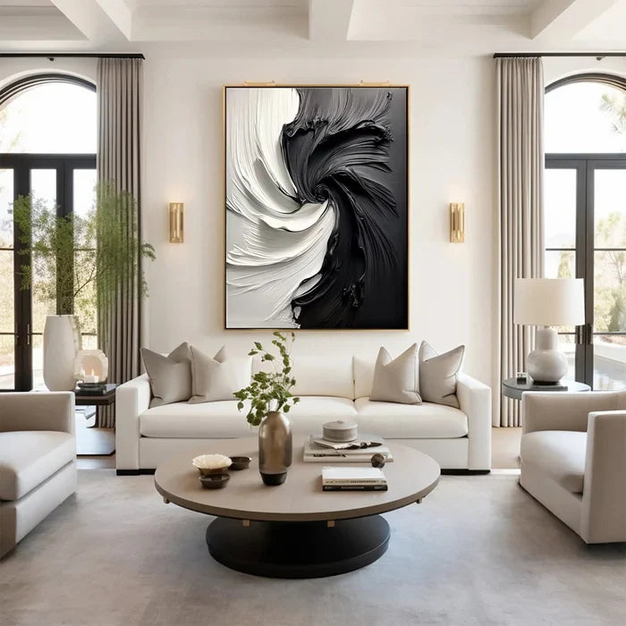 Eclipse Flow – Modern Hand-Painted Black and White Swirling Abstract Oil Painting Wall Art