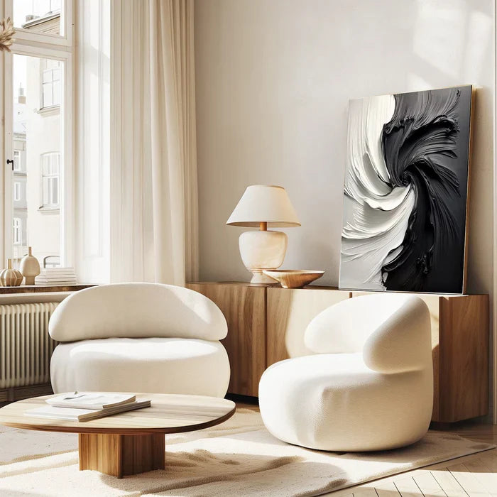 Eclipse Flow – Modern Hand-Painted Black and White Swirling Abstract Oil Painting Wall Art