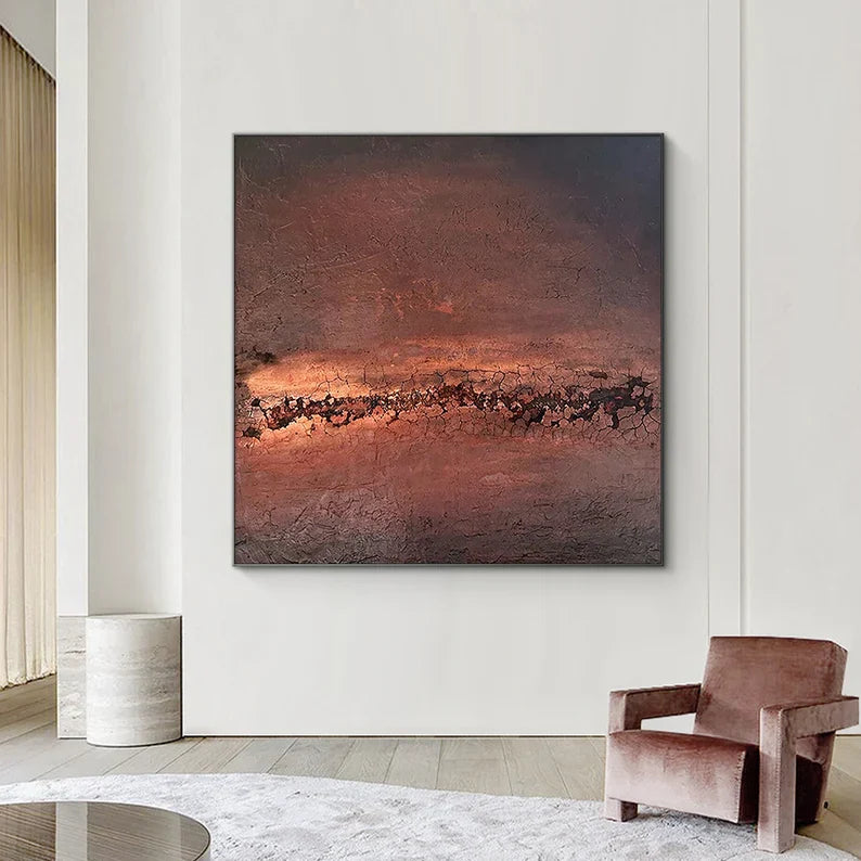 Ember Horizon – Textured Abstract Wall Art in Rust Red and Dark Earth Tones#AB14036