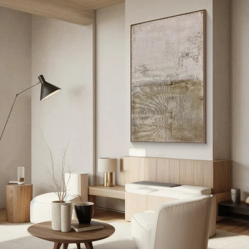 Quiet Meadow – Neutral Textured Abstract Wall Art in Earth Green and Beige#AB14038