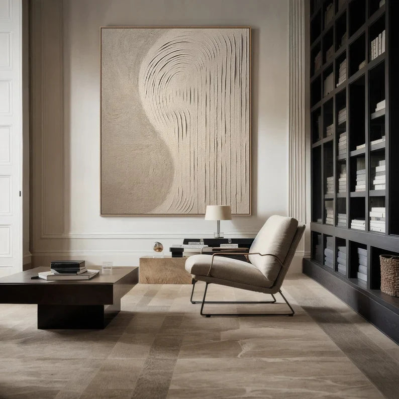 Echoes of Sand – 3D Textured Neutral Wall Art with Curved Carved Lines#AB14039