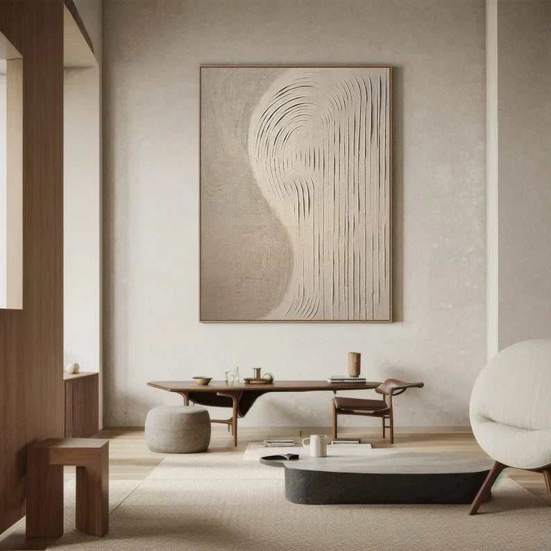 Echoes of Sand – 3D Textured Neutral Wall Art with Curved Carved Lines#AB14039