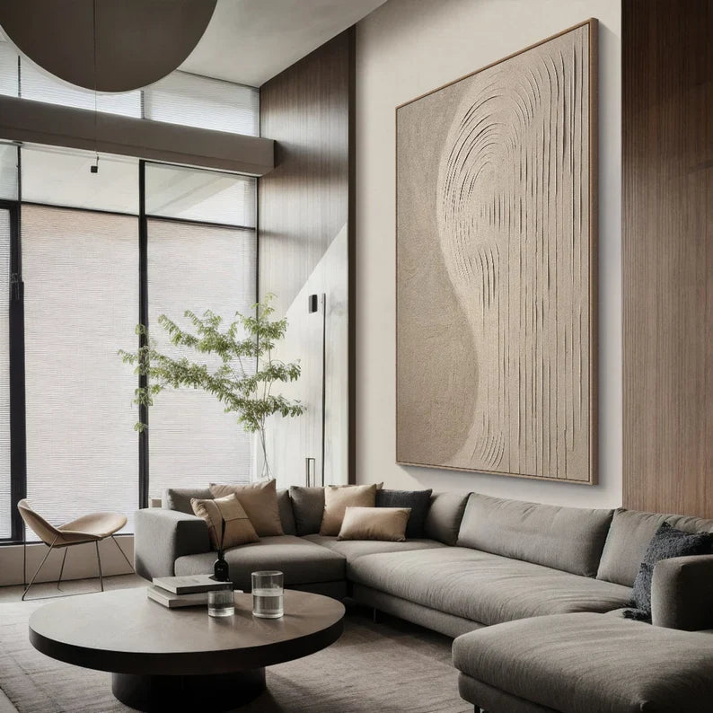 Echoes of Sand – 3D Textured Neutral Wall Art with Curved Carved Lines#AB14039