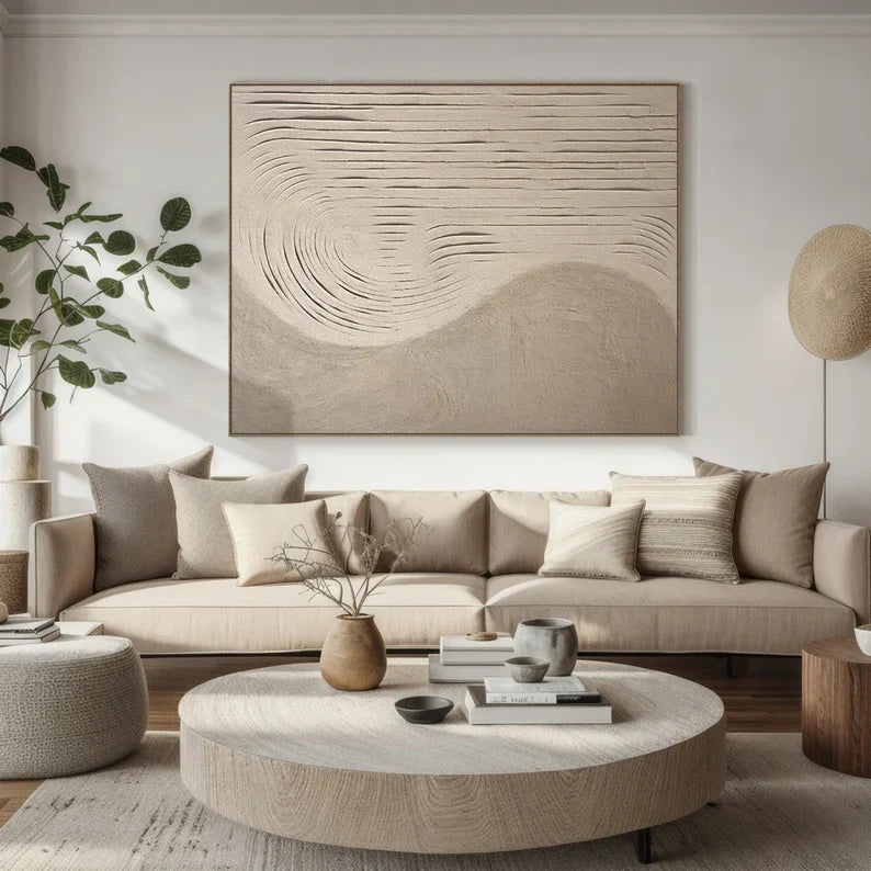 Echoes of Sand – 3D Textured Neutral Wall Art with Curved Carved Lines#AB14039