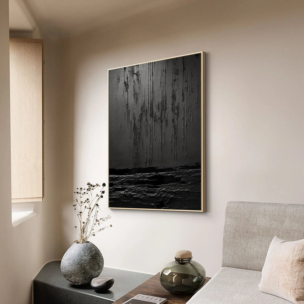 Midnight Echoes-Hand Drawn Pure Black Drip Texture Wall Art