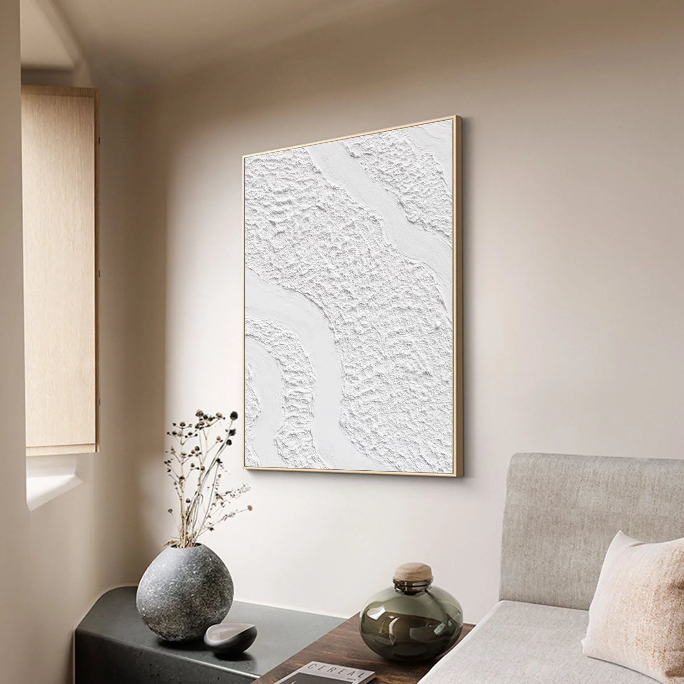 Serenity Flow-Modern Minimalist White Textured Wave Abstract Wall Art