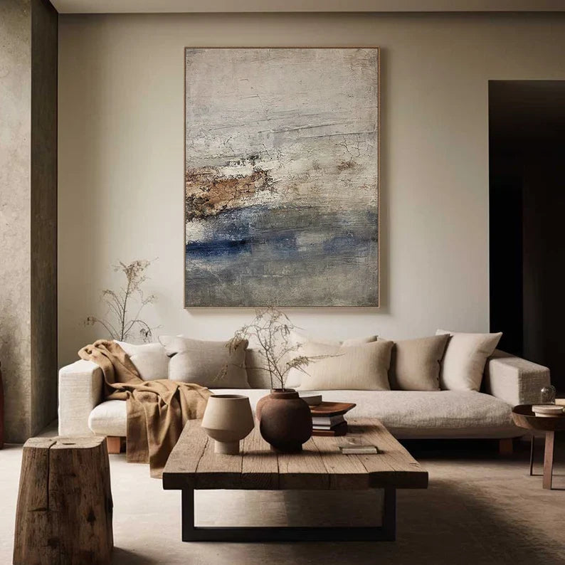 Coastal Silence – Large Textured Abstract Wall Art in Earth Tones and Blue#AB14044