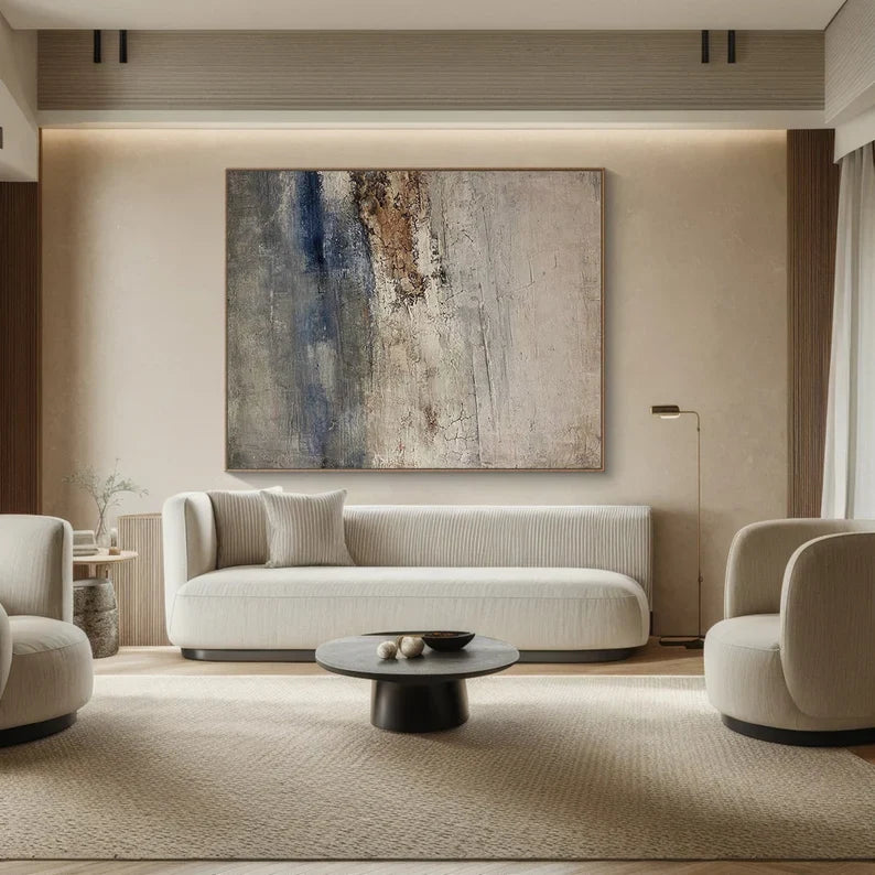 Coastal Silence – Large Textured Abstract Wall Art in Earth Tones and Blue#AB14044