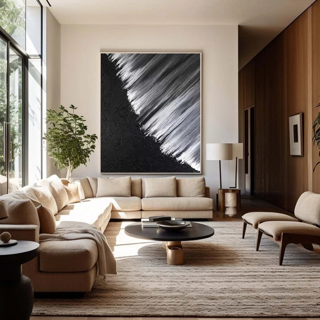 Monochrome Cascade-Hand Drawn Black and White Oblique Texture Abstract Wall Art