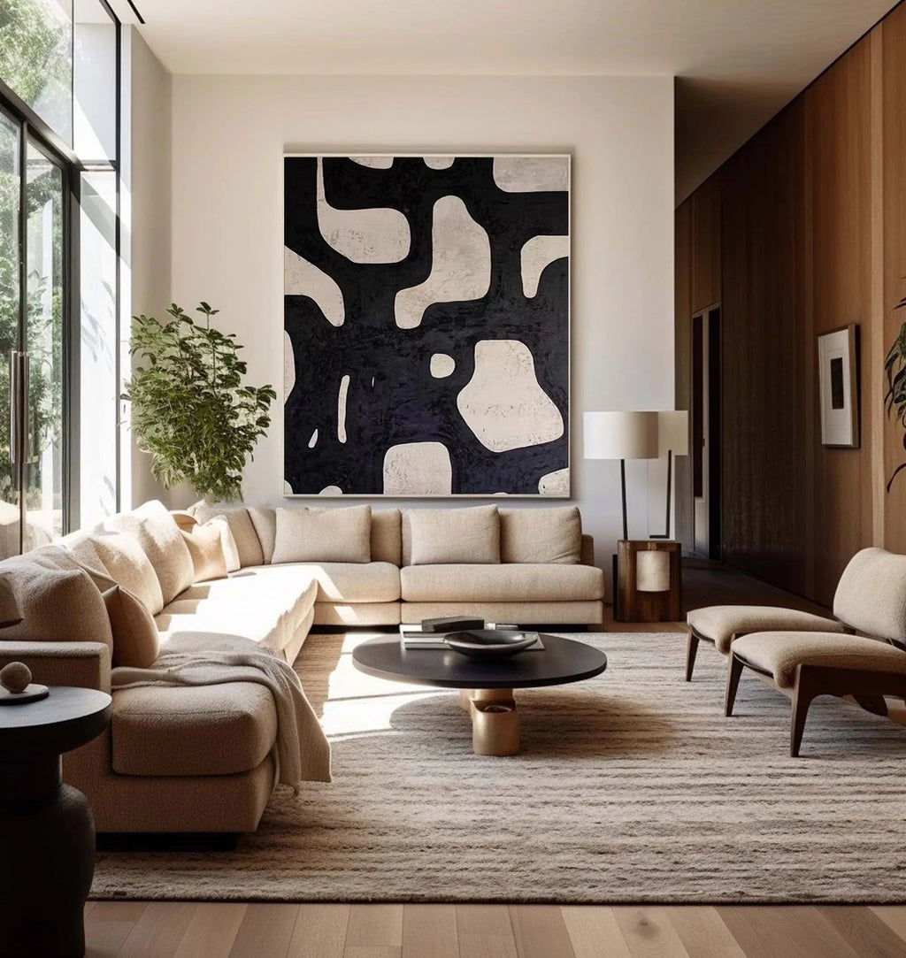 Mono Maze-Modern Minimalist Black and White Flowing Geometric Abstract Wall Art