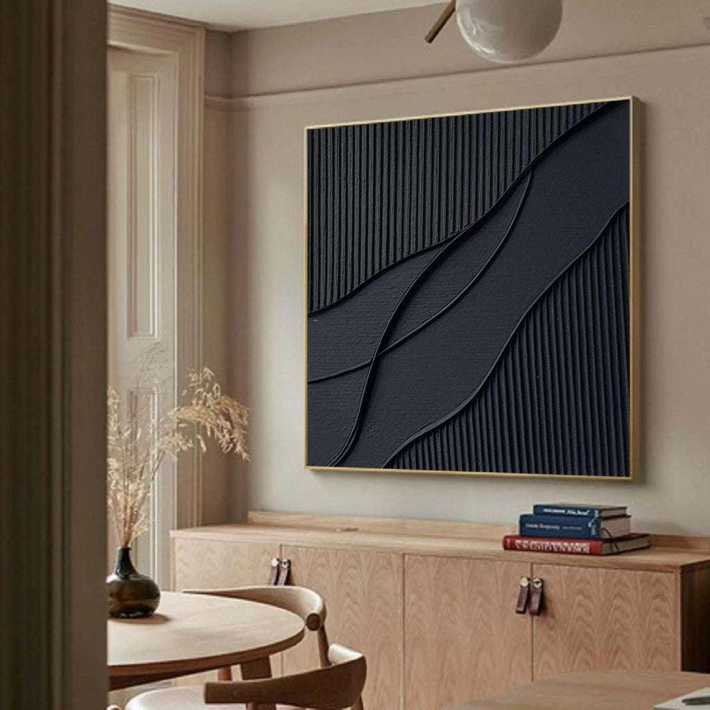 Ripple in Shadow -Black Geometric Curves and Texture Abstract Wall Art#WB11003