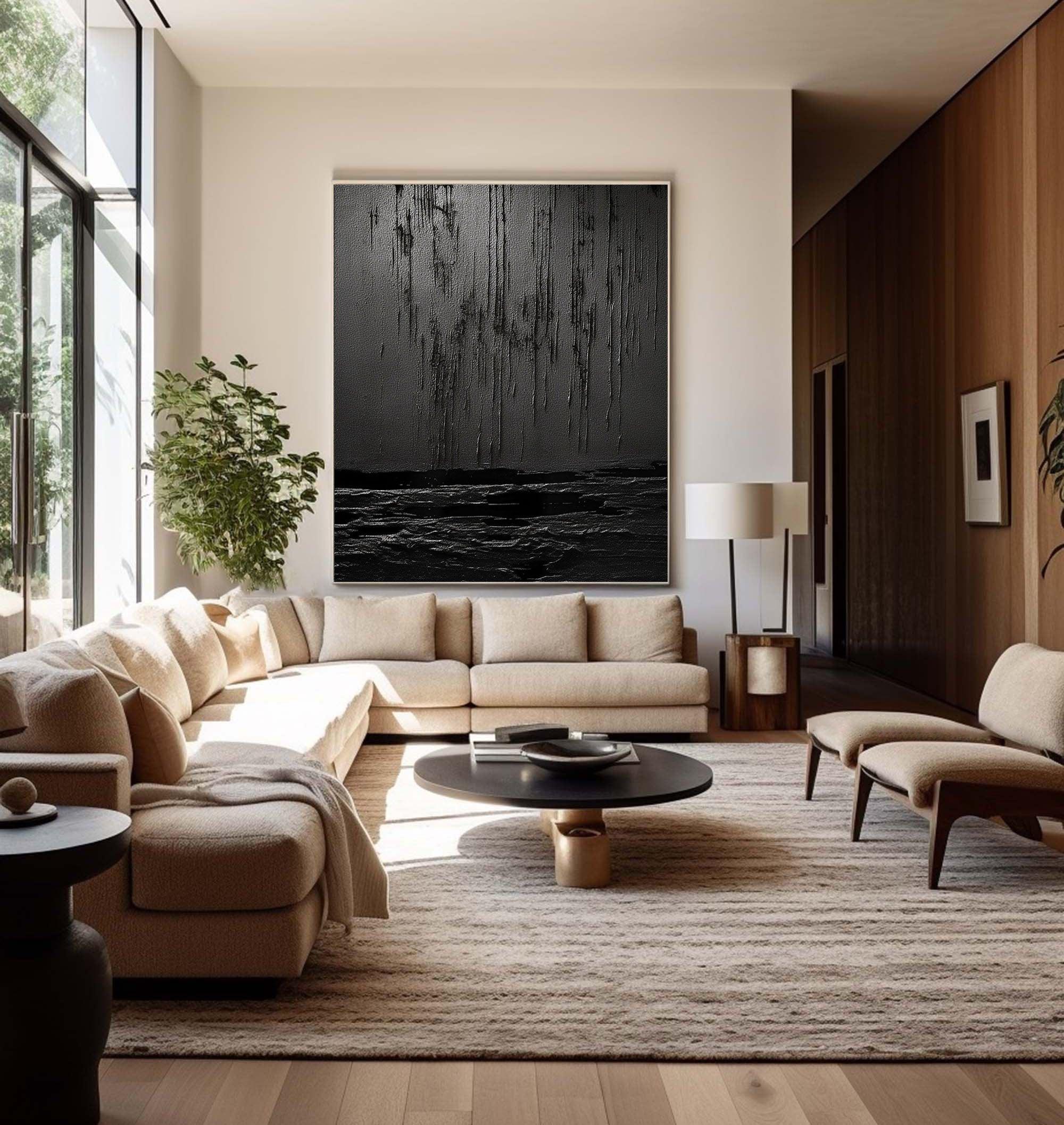 Midnight Echoes-Hand Drawn Pure Black Drip Texture Wall Art