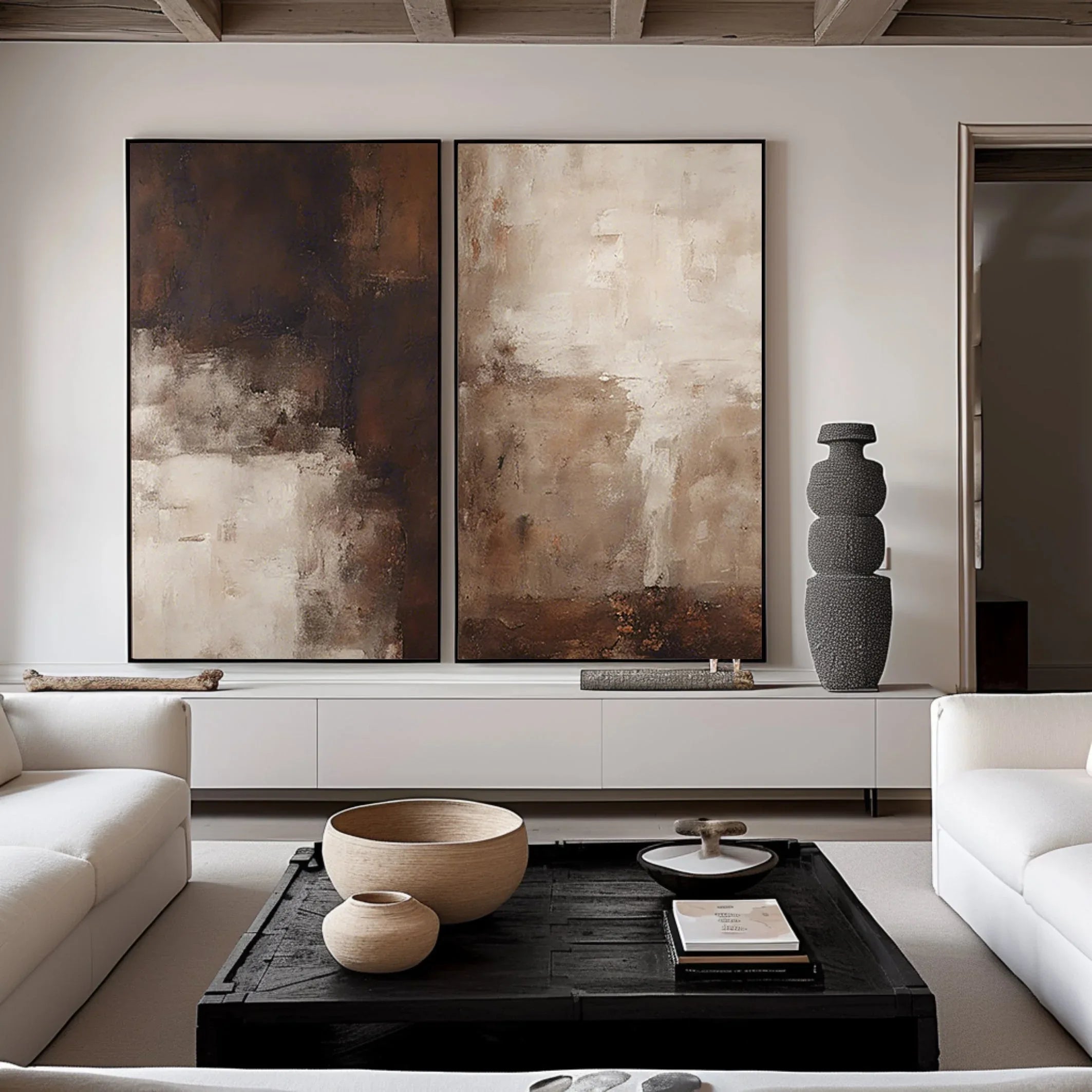 Earthy Elegance Abstract Diptych Set Of 2 - Double-Sided Vertical Banner Abstract Texture Wall Art in Earthy Colors