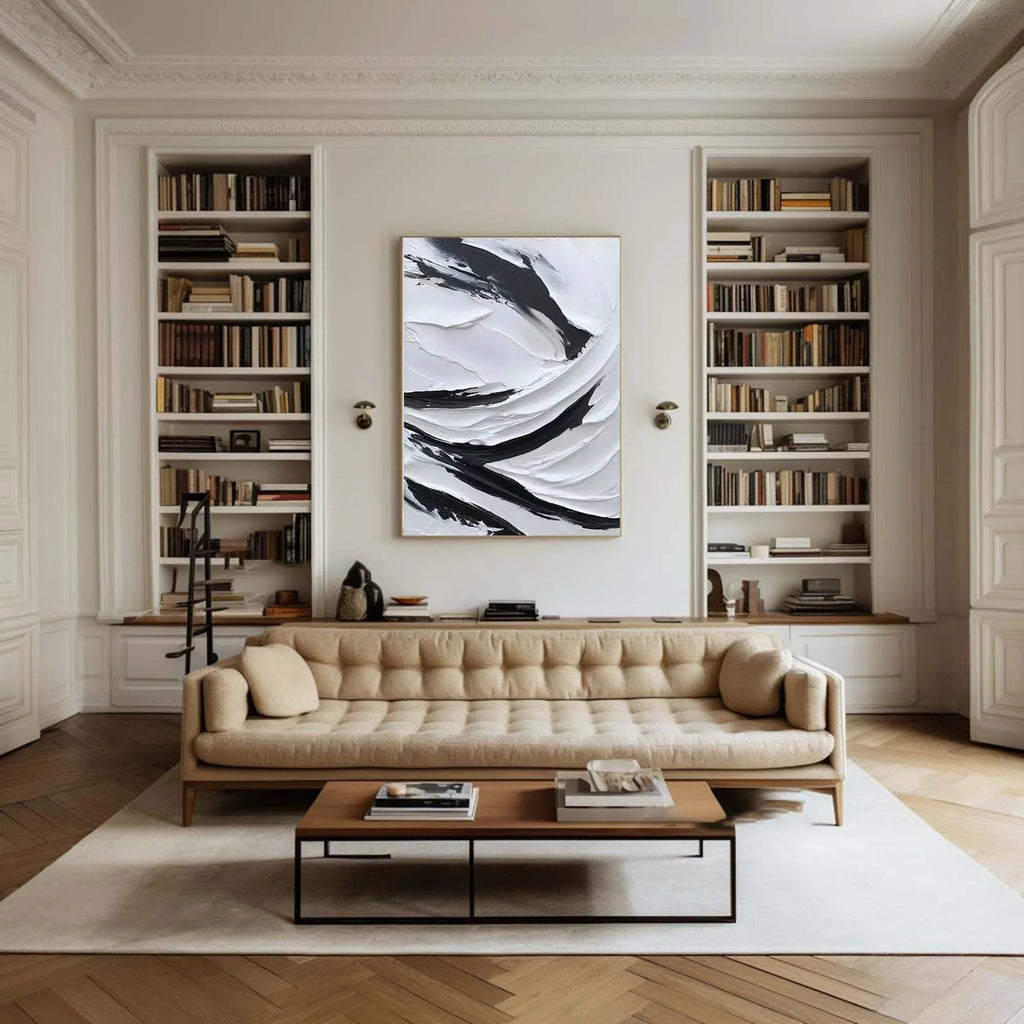 Dynamic Flow-Modern Minimalist Black and White Texture Thick Painted Abstract Wall Art