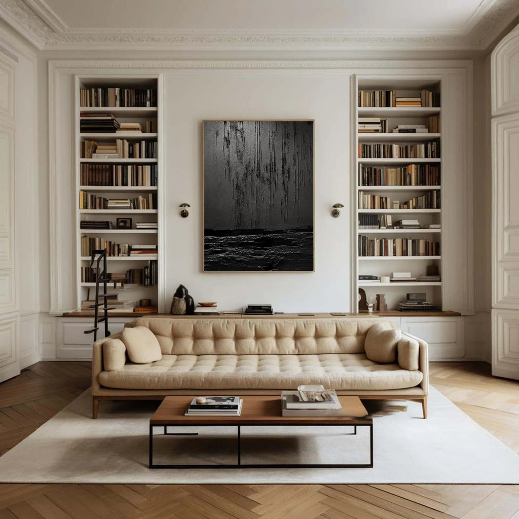 Midnight Echoes-Hand Drawn Pure Black Drip Texture Wall Art