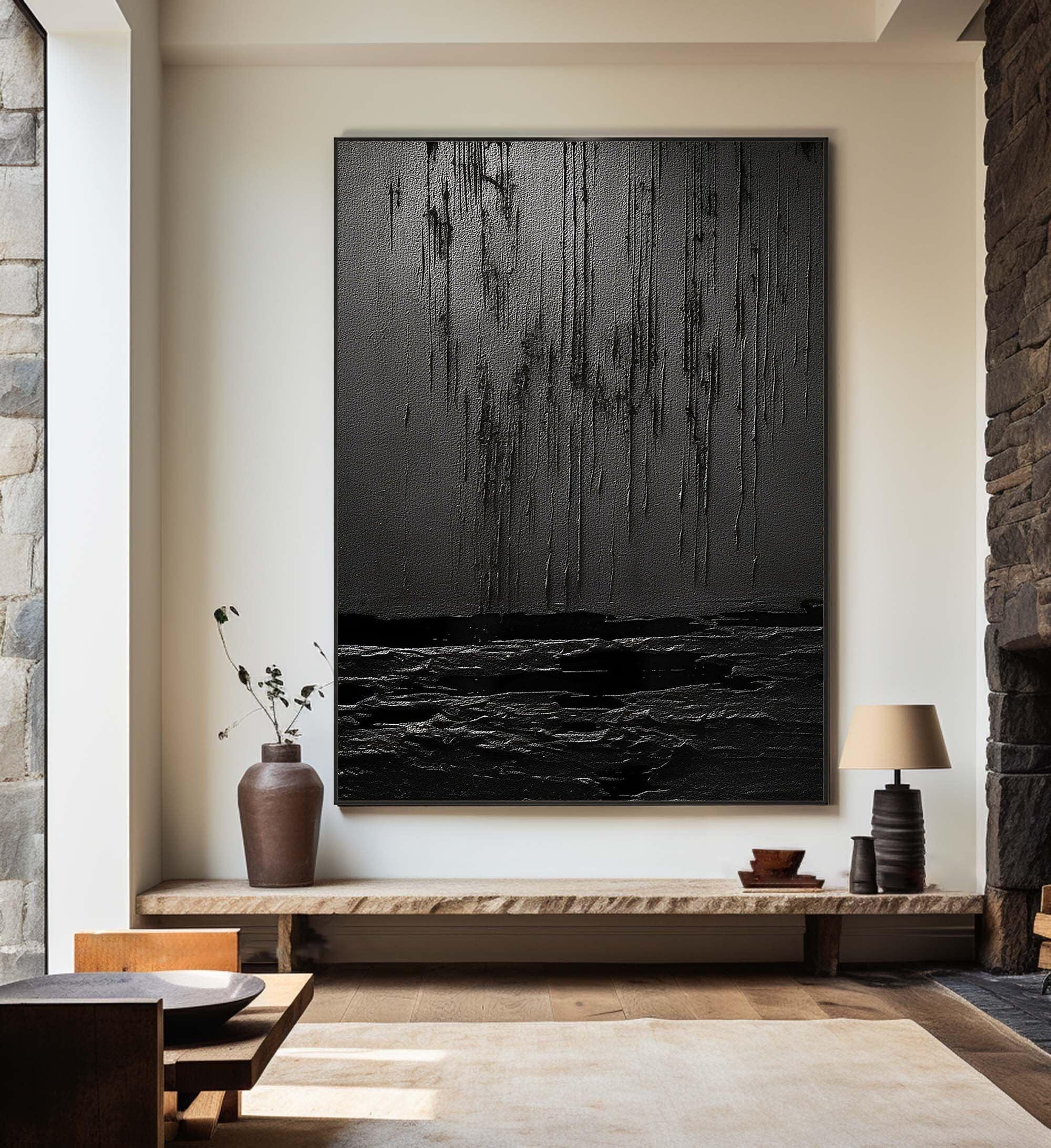 Midnight Echoes-Hand Drawn Pure Black Drip Texture Wall Art