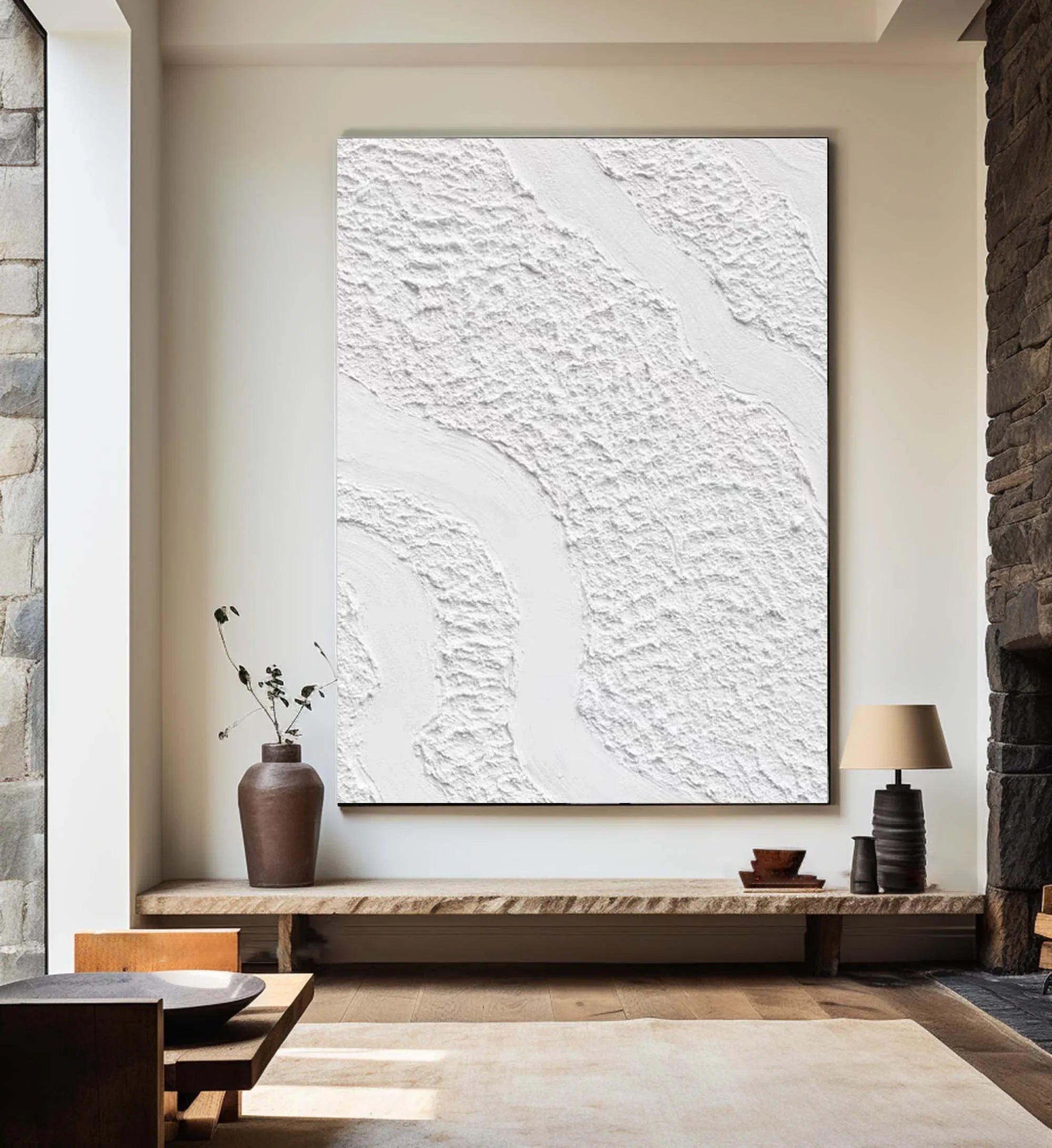 Serenity Flow-Modern Minimalist White Textured Wave Abstract Wall Art