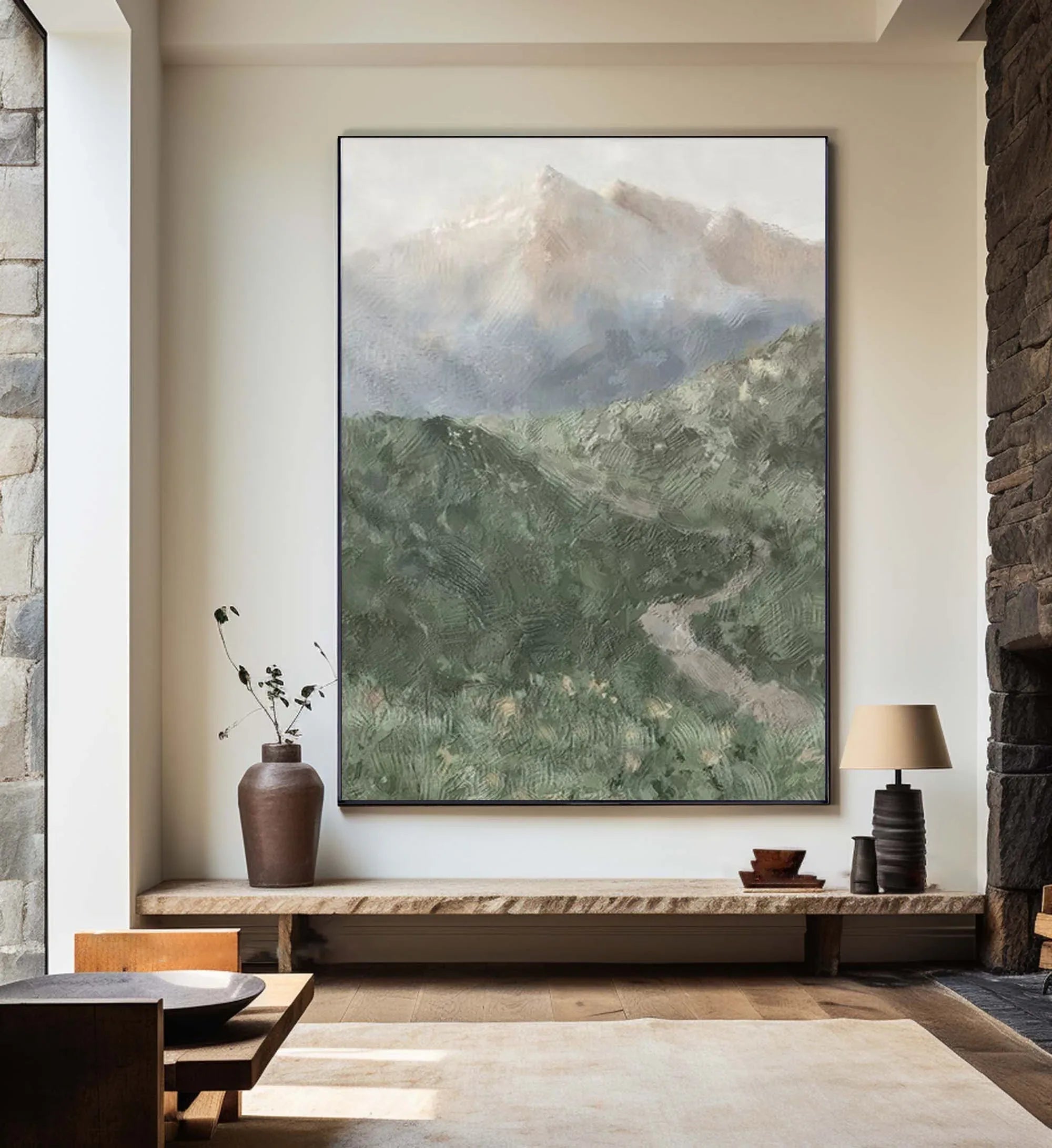 Misty Mountain Path-Hand drawn Green Gray Texture Mountain Abstract Wall Art