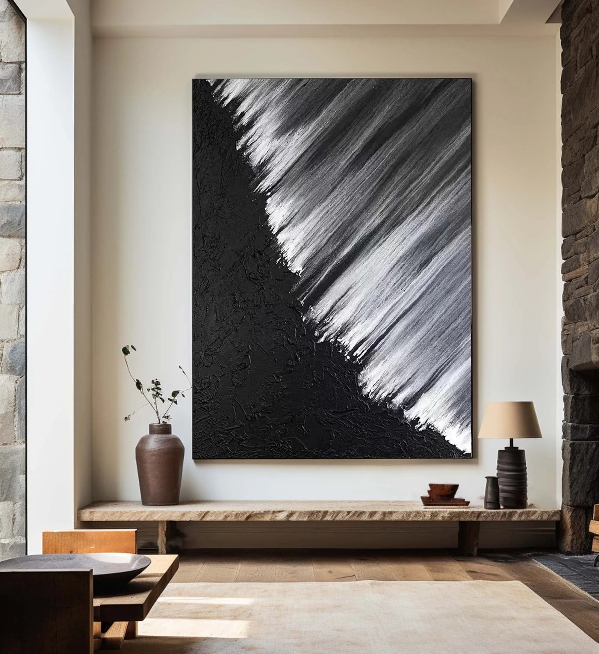 Monochrome Cascade-Hand Drawn Black and White Oblique Texture Abstract Wall Art