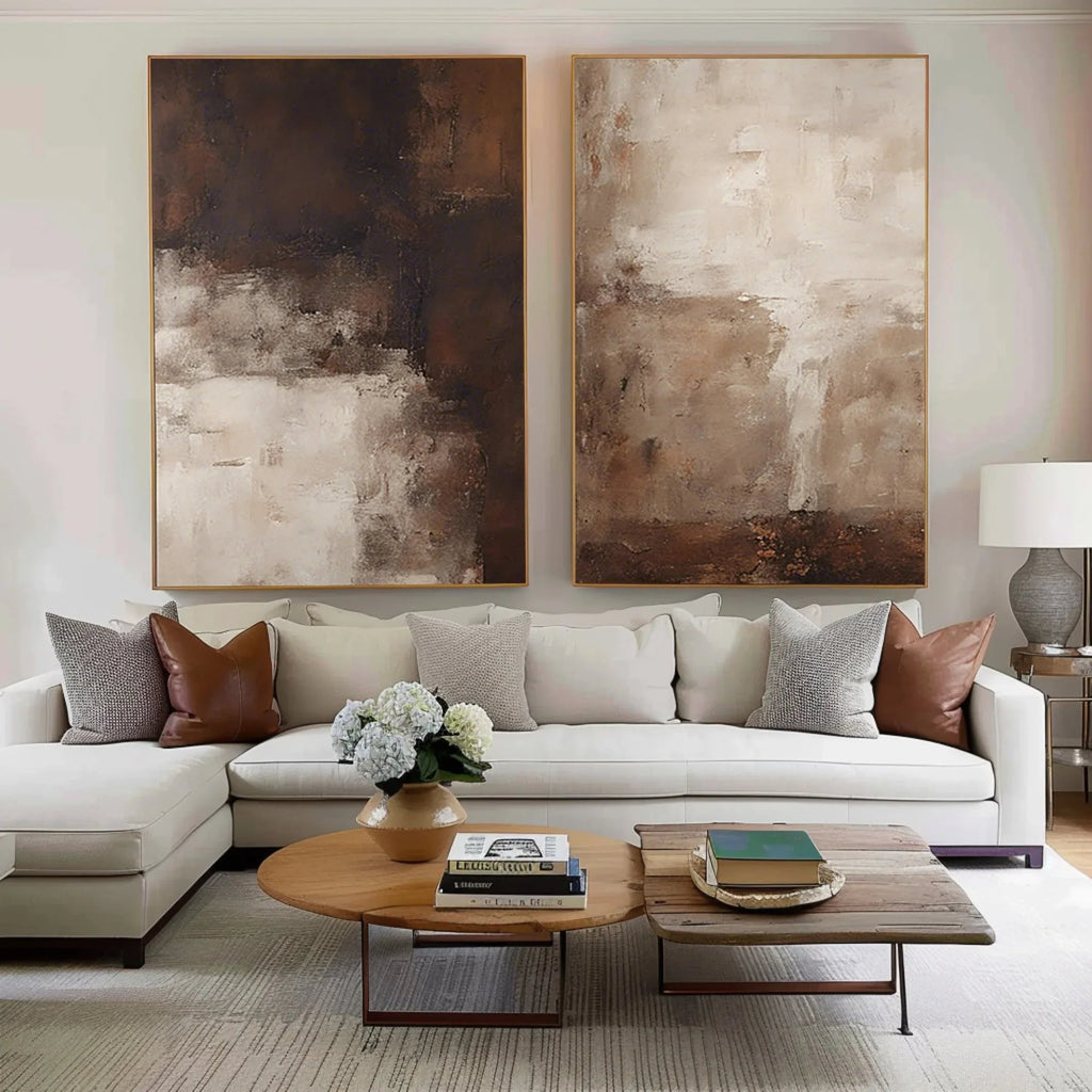 Earthy Elegance Abstract Diptych Set Of 2 - Double-Sided Vertical Banner Abstract Texture Wall Art in Earthy Colors